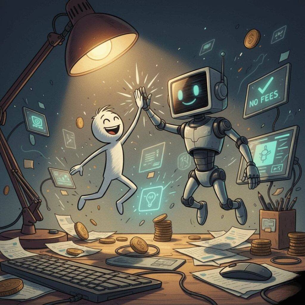 "Underdog view of triumphant no-fee banking win, quirky digital sketch."