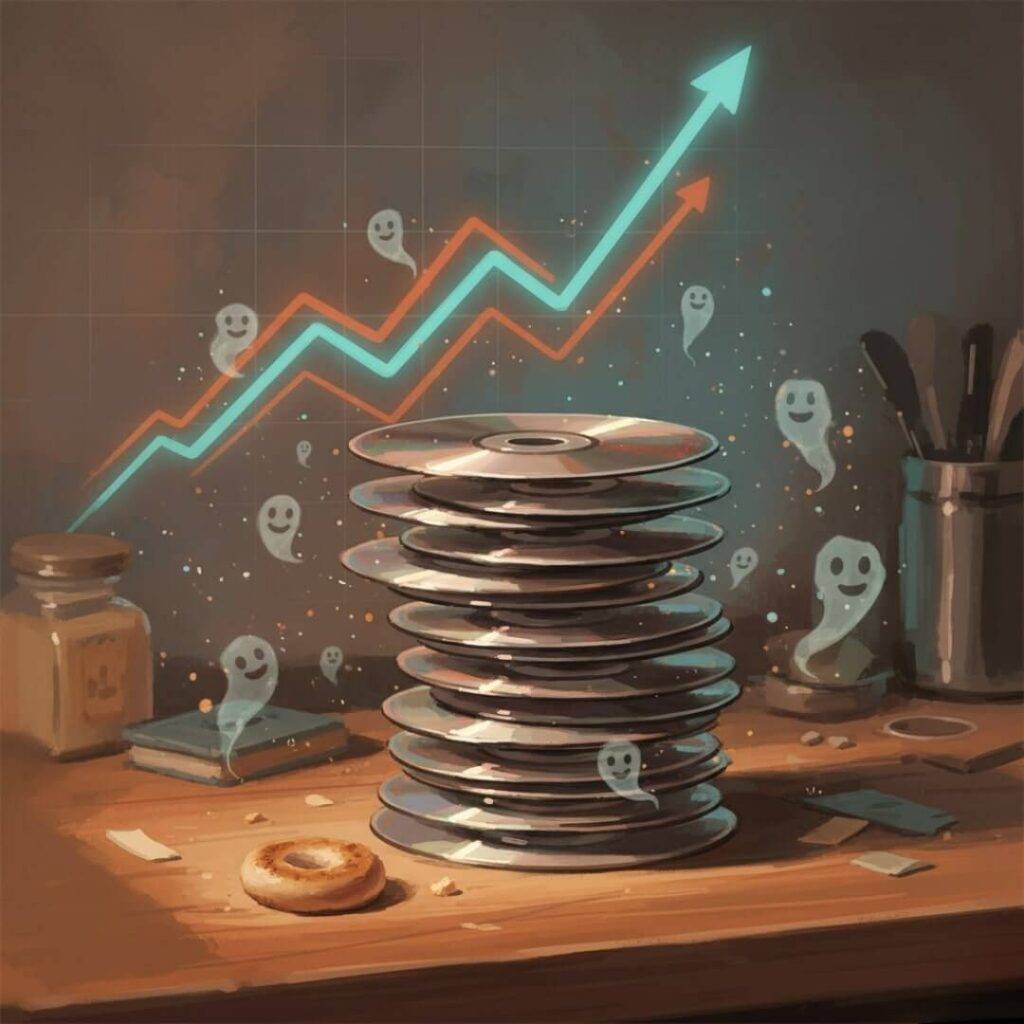 An impressionistic digital painting of CDs stacked like Jenga blocks in a messy kitchen, surrounded by tiny dollar bill ghosts and a glowing interest rate chart.