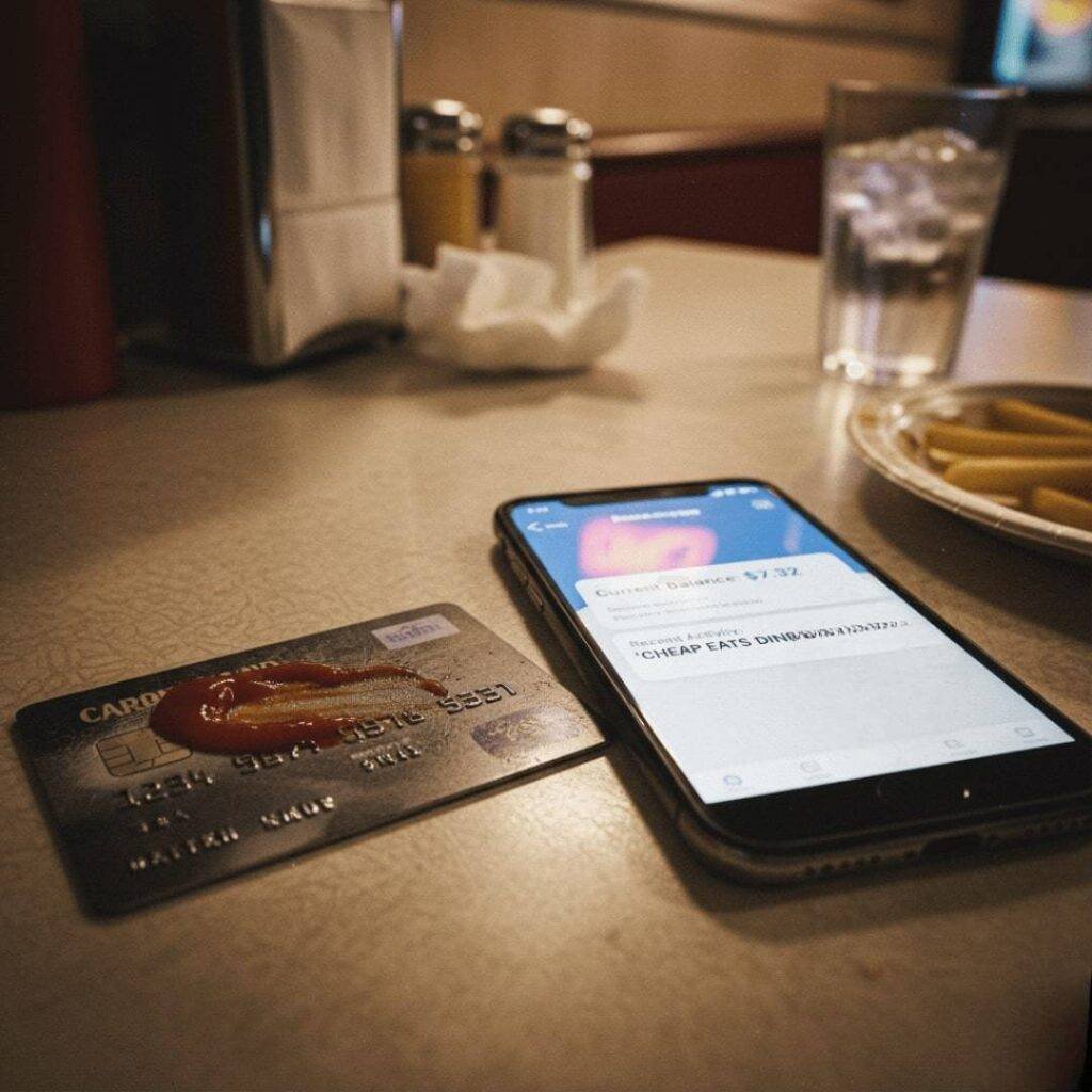 A ketchup-smeared debit card and a phone with a bank app notification on a diner table.