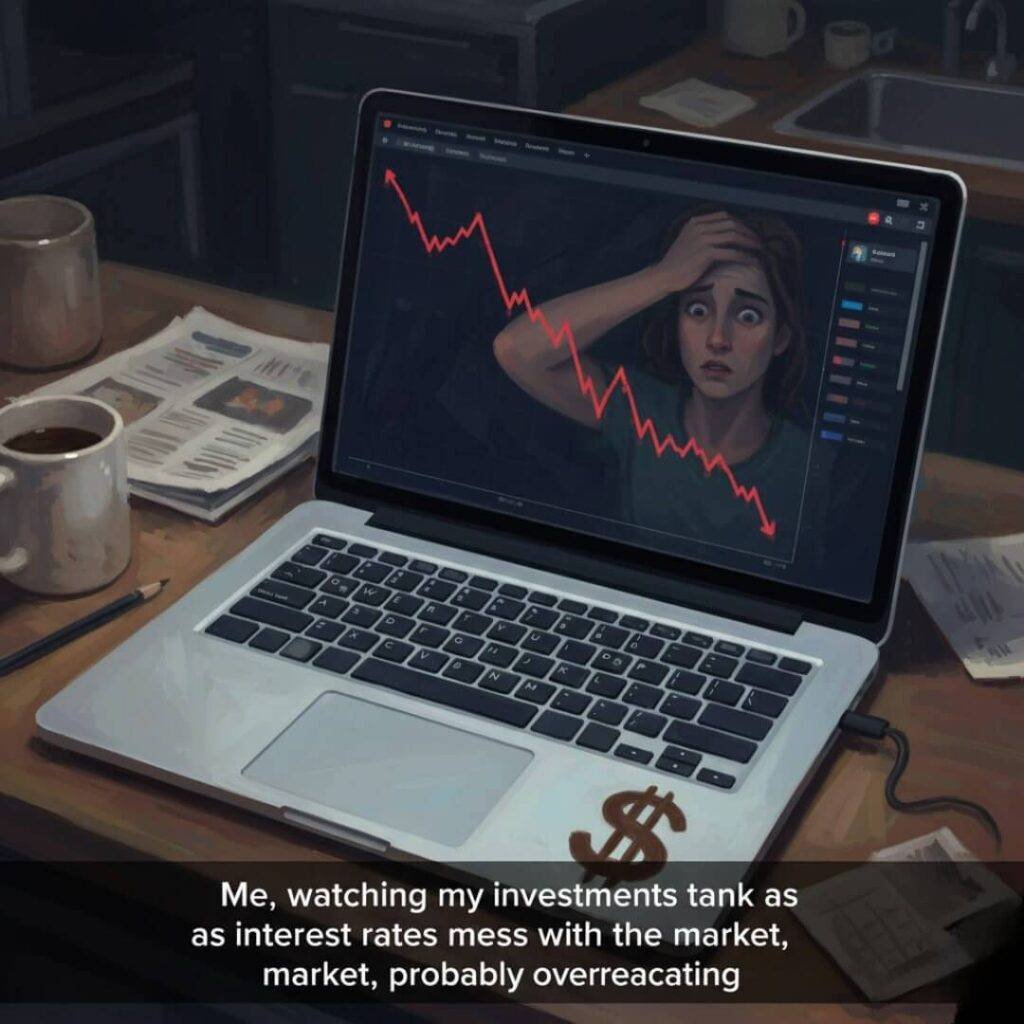 A hand holds a smartphone displaying a red, rising interest rates graph on a scratched coffee table, next to a half-empty coffee mug with a dollar-sign-shaped stain. The scene is slightly blurred, capturing a panicked perspective.