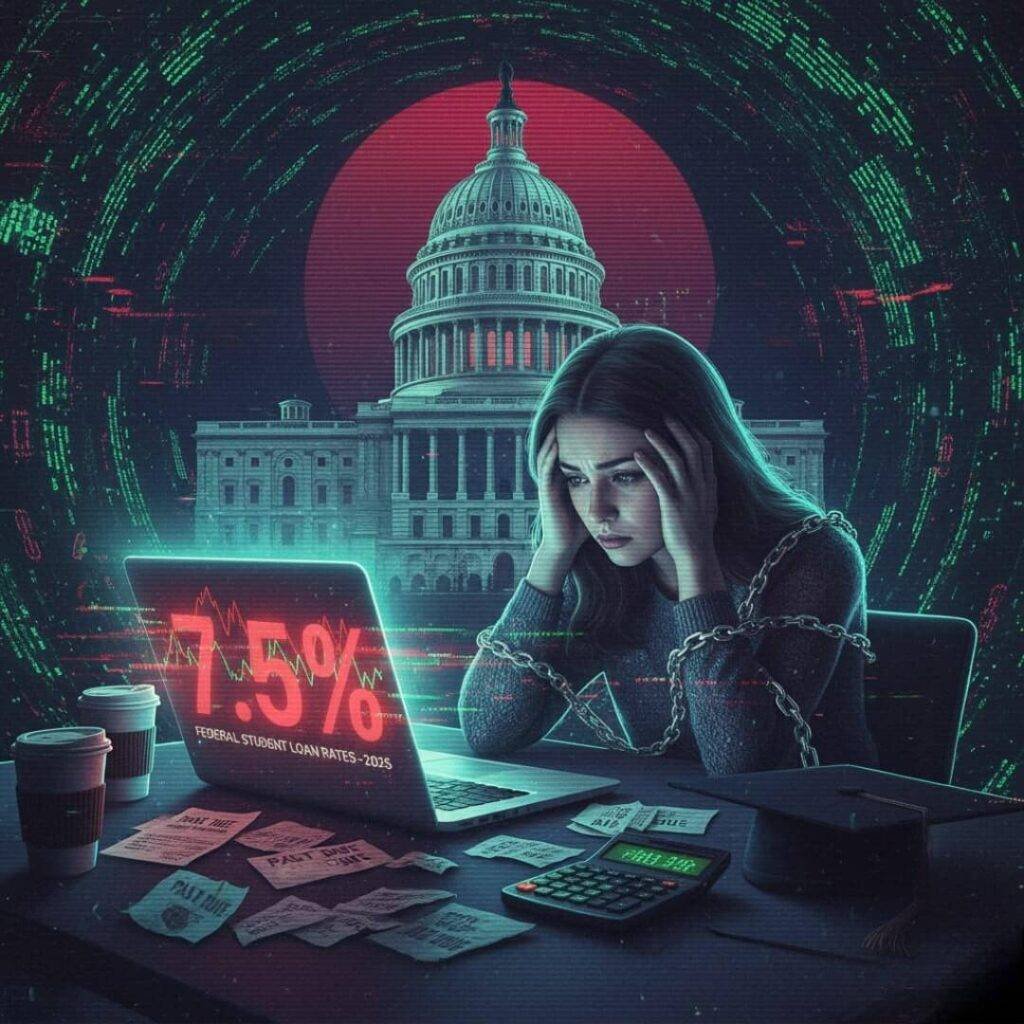 A stressed student, chained to her desk, stares at a laptop displaying "7.5% Federal Student Loan Rates - 2025" with the US Capitol in the background, all rendered in a glitchy, neon-infused style.