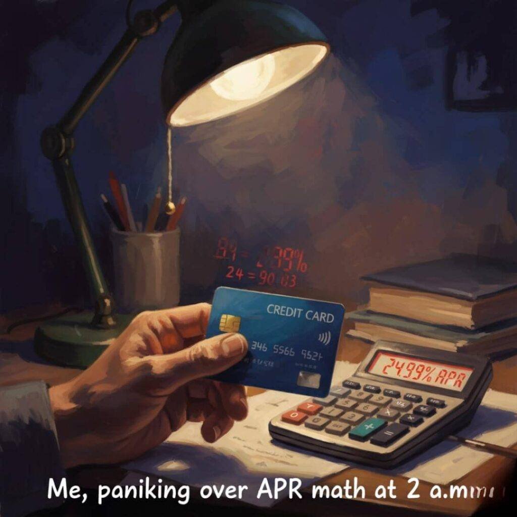 An impressionistic digital painting depicts a hand nervously holding a credit card under a desk lamp, next to a calculator showing a shocking "24.99% APR" calculation. The caption reads: "Me, panicking over APR math at 2 a.m."