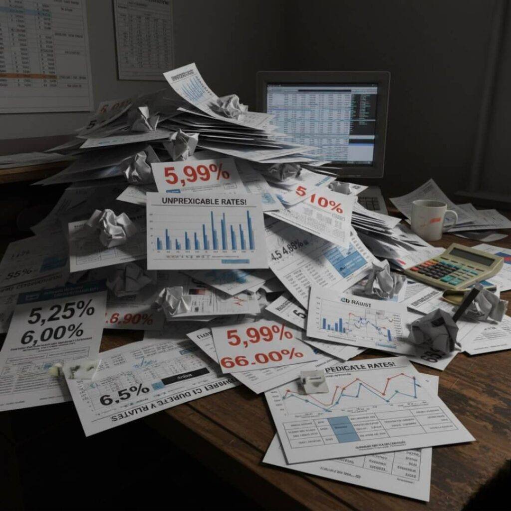 A desk buried under a chaotic pile of paperwork related to CD rates, with charts and numbers.