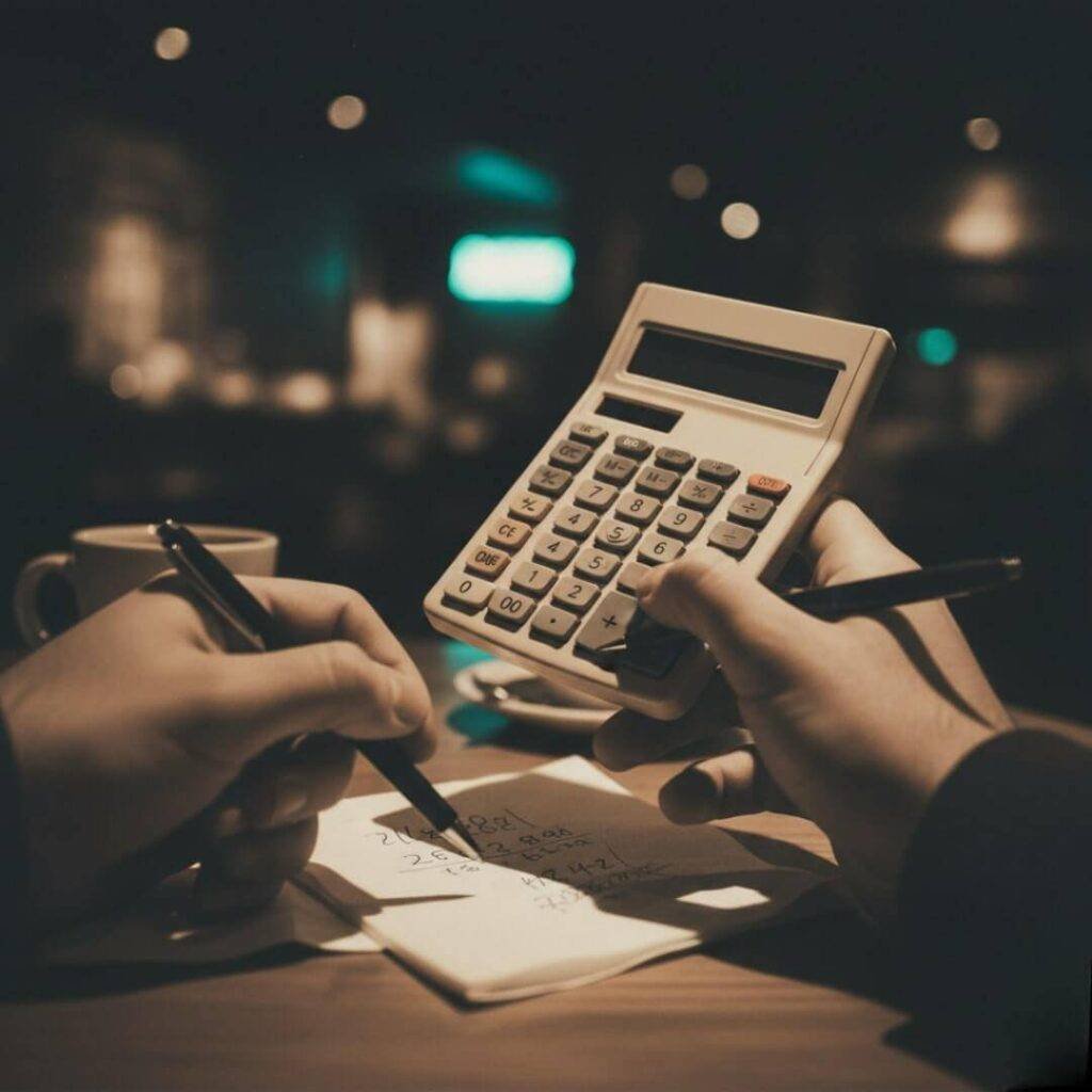 Shaking hands holding a calculator and pen, scribbling loan numbers on a napkin in a dimly lit coffee shop, with a vintage sepia filter.
