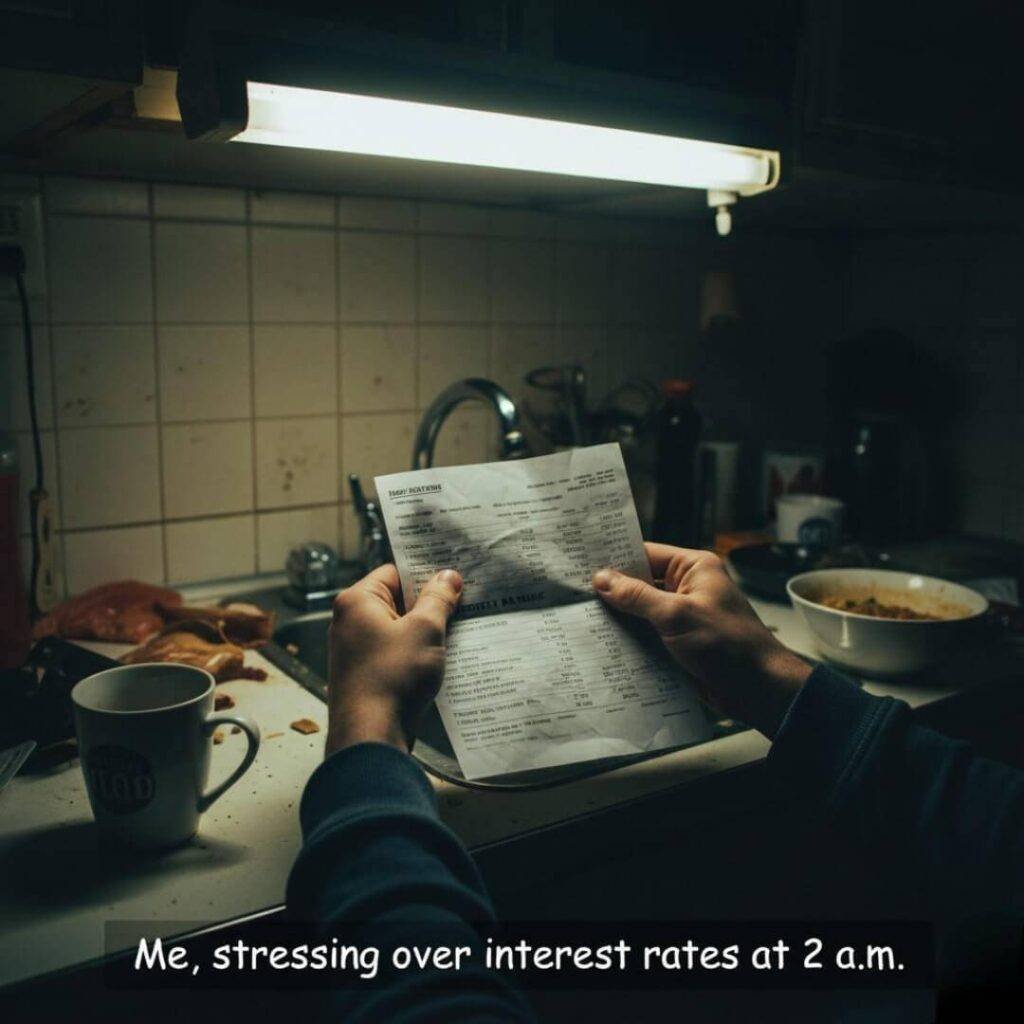 Shaky hands holding a bank statement in a dimly lit kitchen.