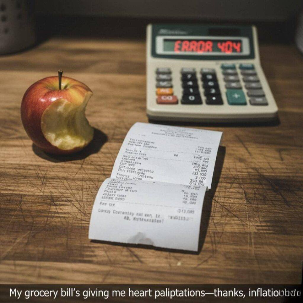 A crumpled grocery receipt on a kitchen counter with a half-eaten apple and a calculator displaying "ERROR 404" in the background.