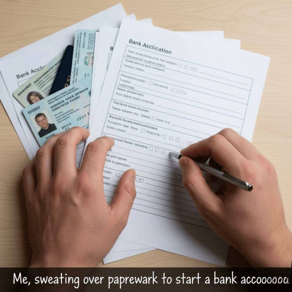 Hands fumbling with bank application forms and identification documents.