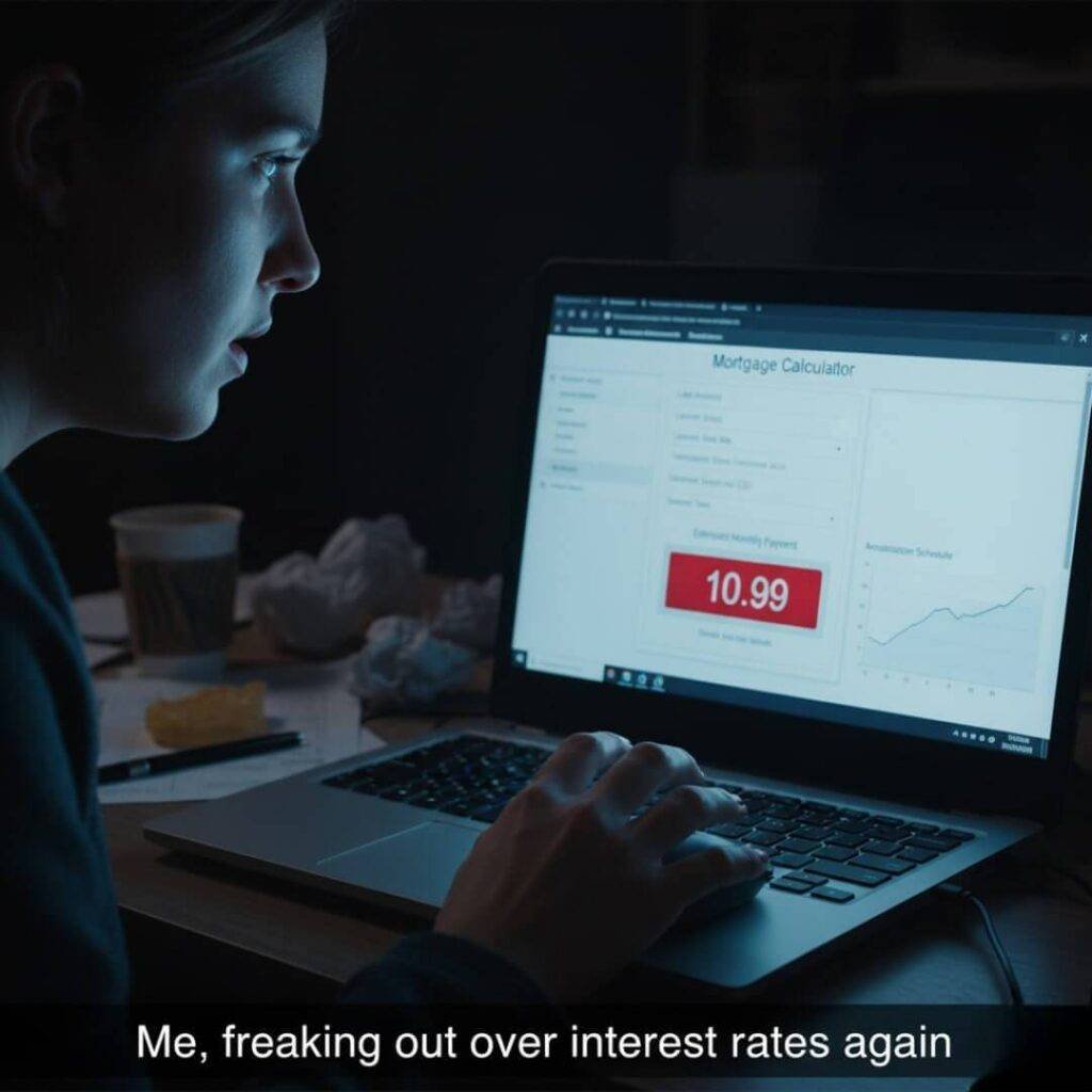 A person looking at a mortgage calculator on a laptop with a nervous expression, illuminated by the screen's glow.