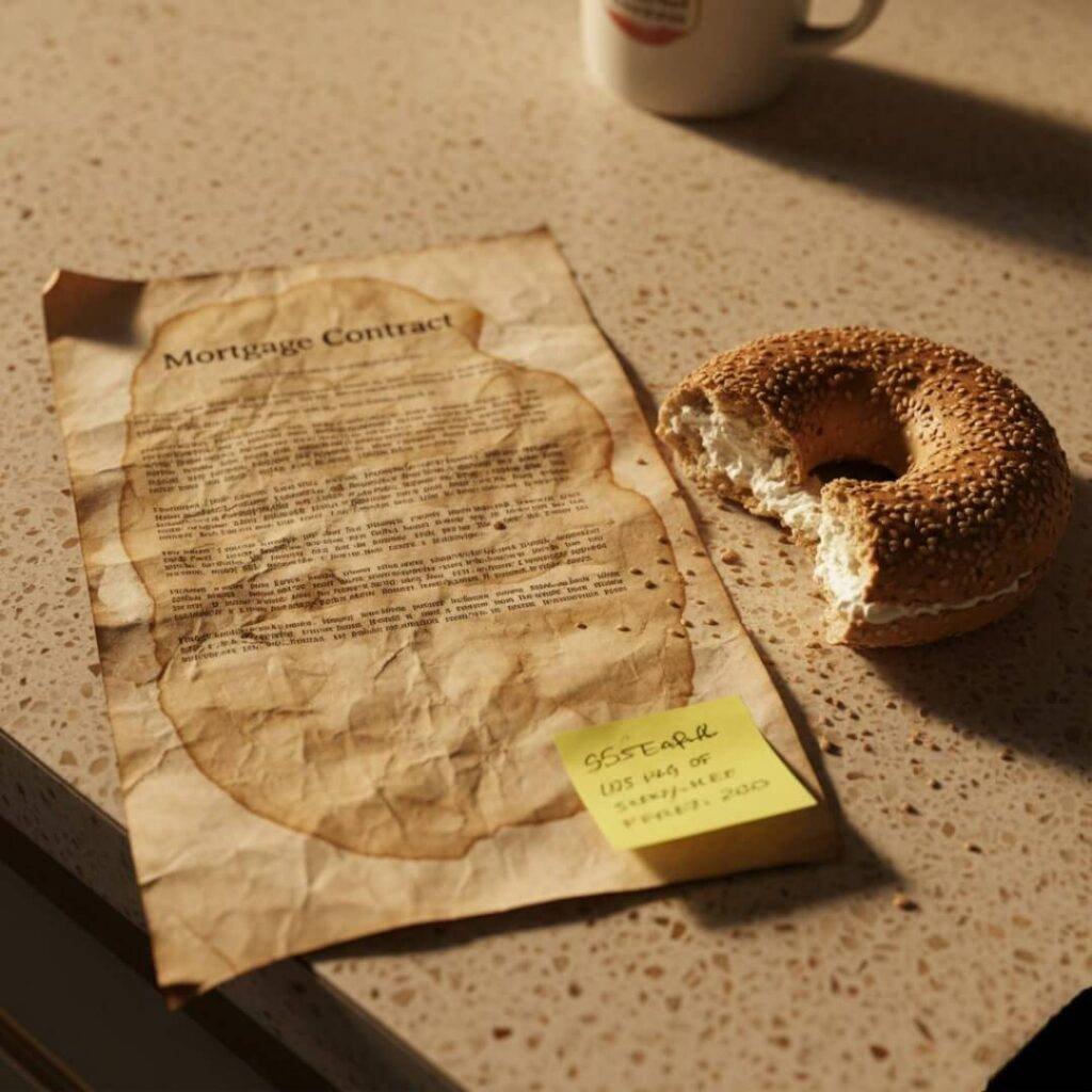 Alt Text: A coffee-stained, creased mortgage contract on a Formica counter next to a half-eaten bagel and a yellow sticky note.