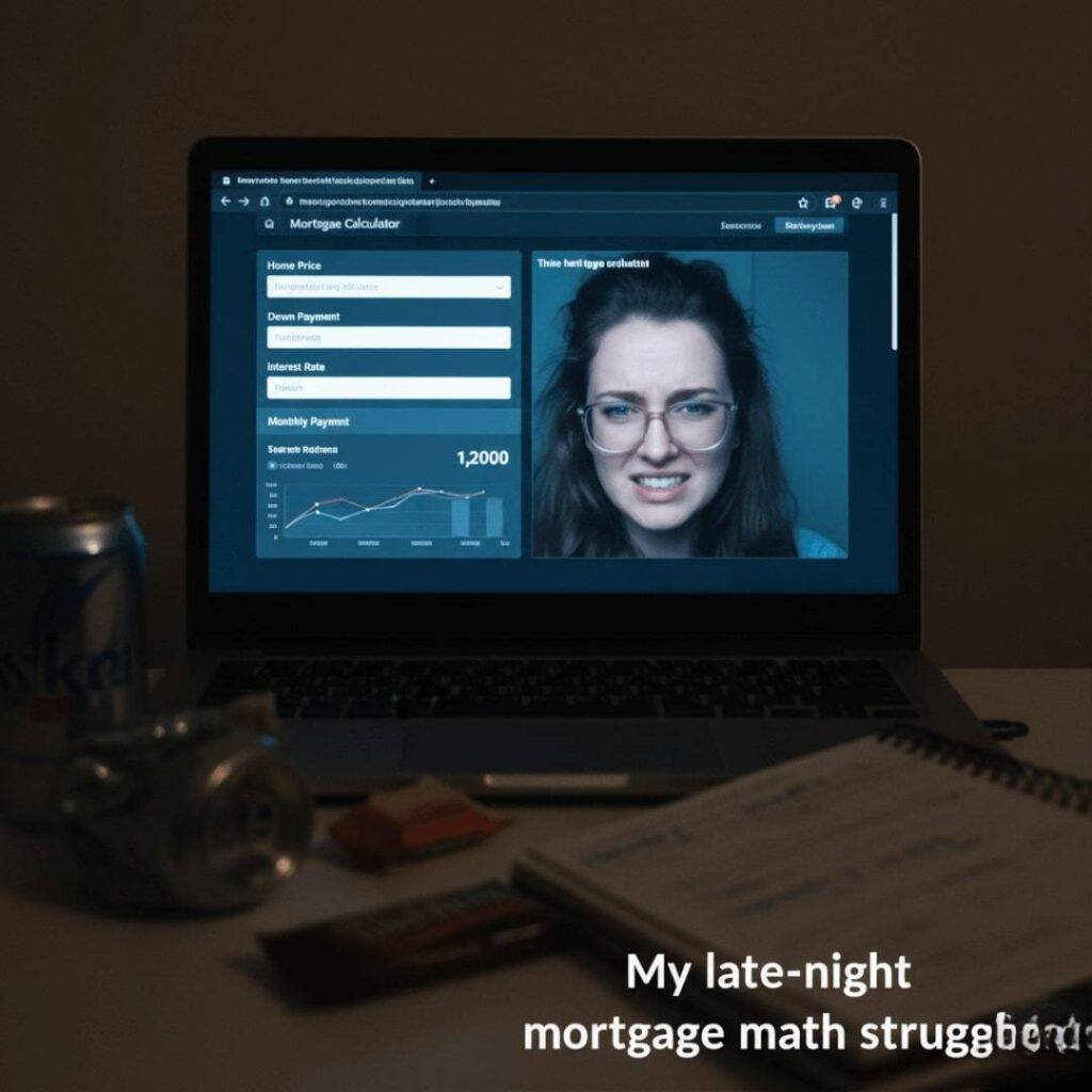 A stressed person's reflection in a laptop screen displaying a mortgage calculator.