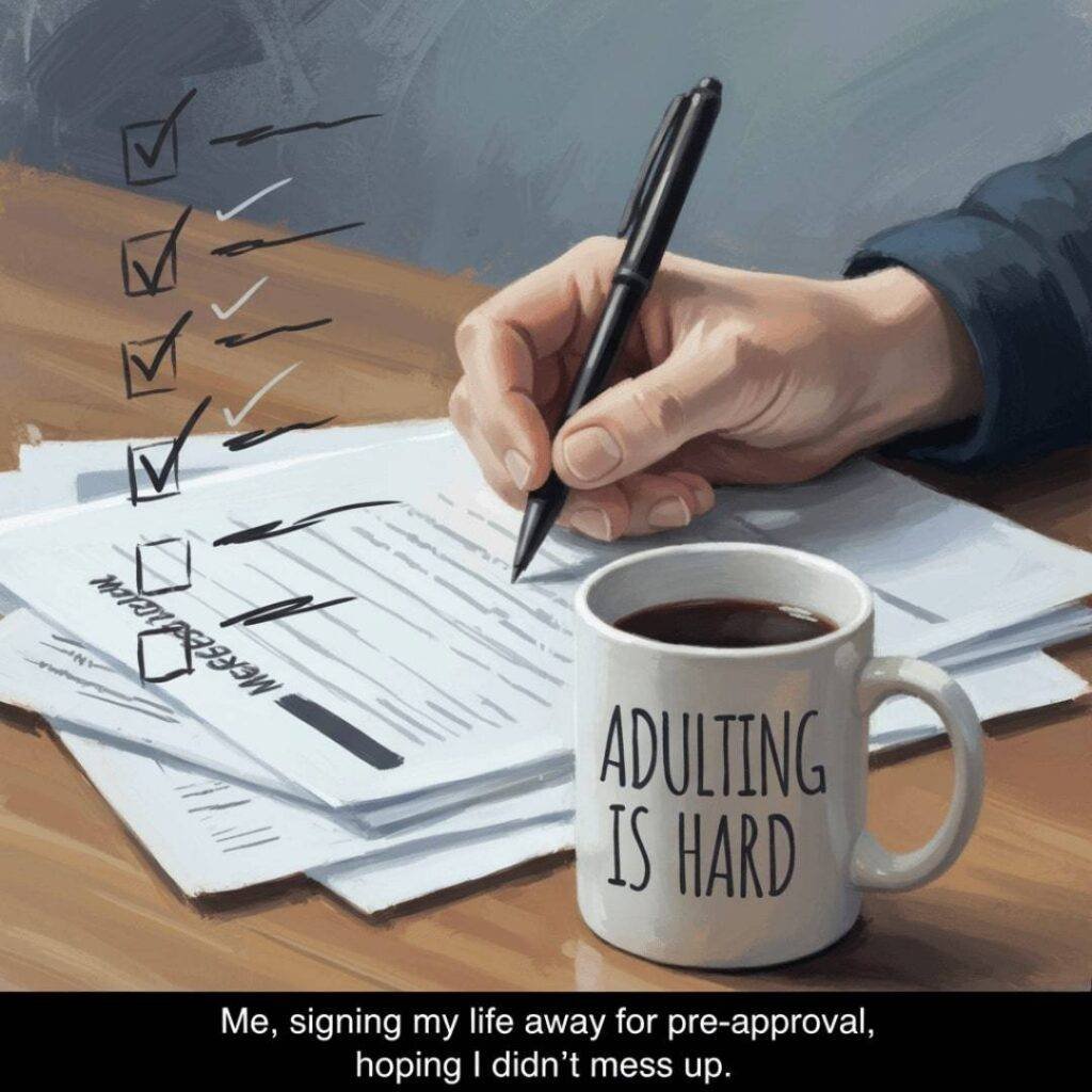 A nervous hand signs mortgage documents next to a coffee mug that reads "Adulting Is Hard."