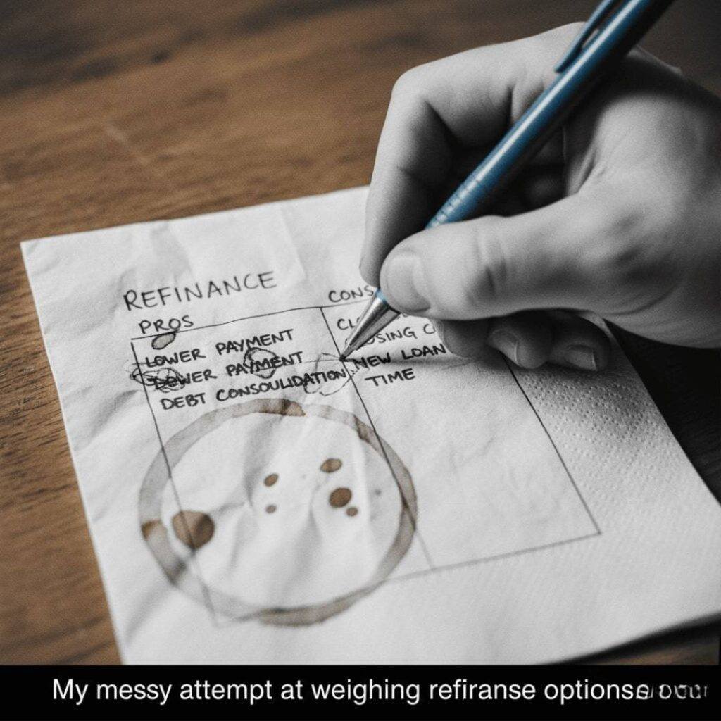 A hand scribbling a pros-and-cons list for refinancing on a coffee-stained napkin.
