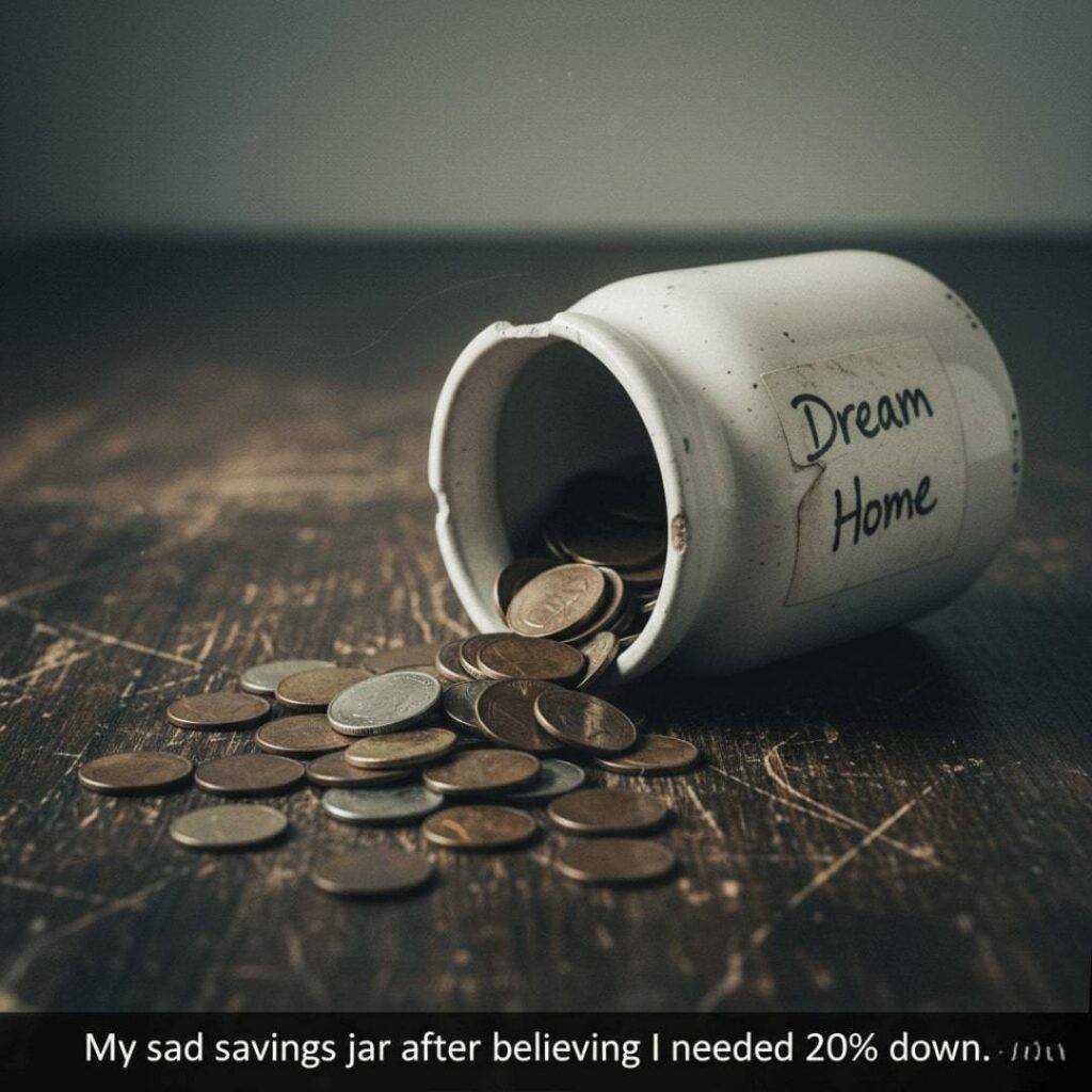 Chipped ceramic savings jar with "Dream Home" label, tipped over with coins spilling onto a scratched wooden table.