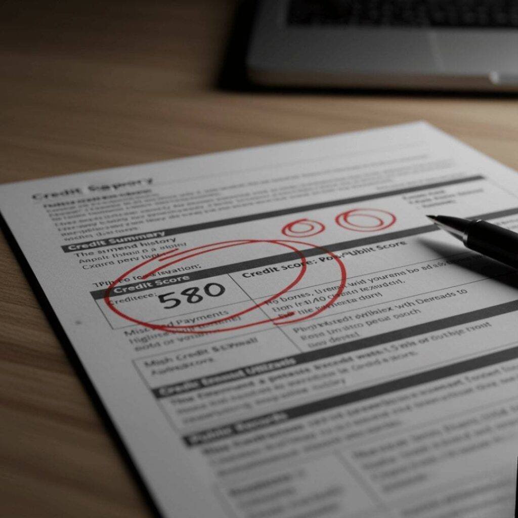A close-up, angled shot of a credit report with a red pen circling a low credit score