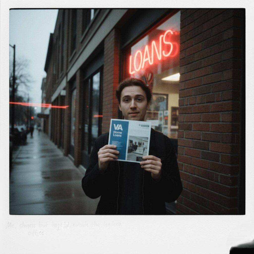 A person holding a VA loan pamphlet outside a lender's office with a flickering neon "Loans" sign.
