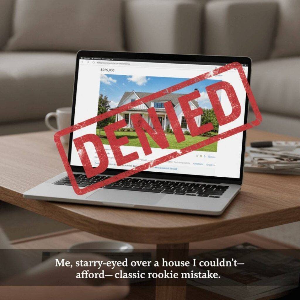A Zillow listing of a dream house with a red "DENIED" stamp across it, displayed on a laptop screen on a coffee table.