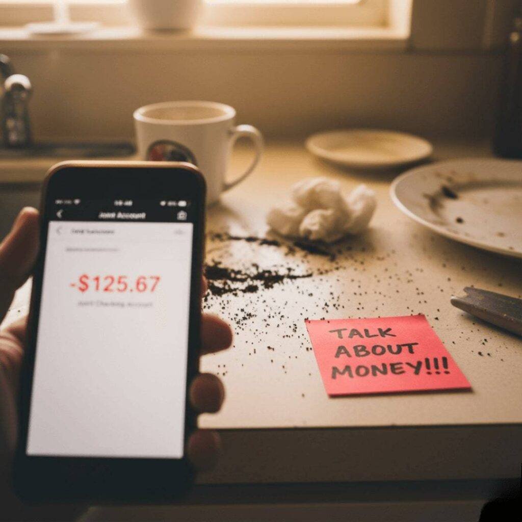 First-person view of a phone showing an overdrawn joint bank account, with a messy kitchen counter and a red sticky note saying "Talk about money!!!" in the background.
