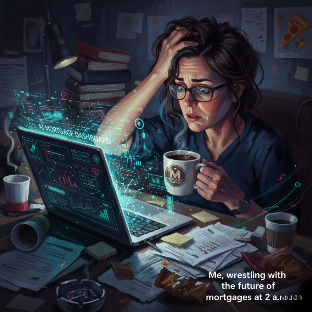 An impressionistic digital painting of a stressed person at 2 AM, holding a coffee mug and staring intensely at a laptop displaying an AI mortgage dashboard amidst a messy desk.