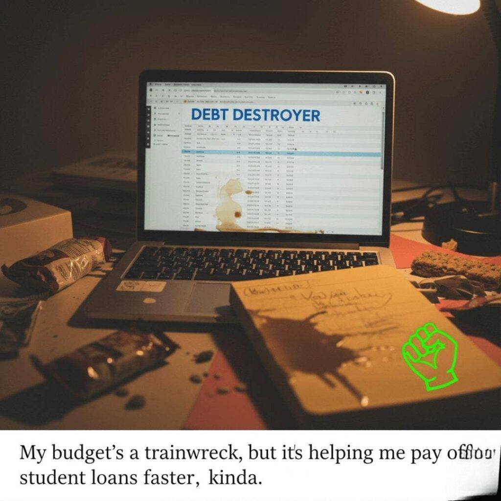 A chaotic desk with a laptop showing a "Debt Destroyer" Google Sheet, a mustard yellow notebook with a neon green fist-bump doodle, and a coffee spill.
