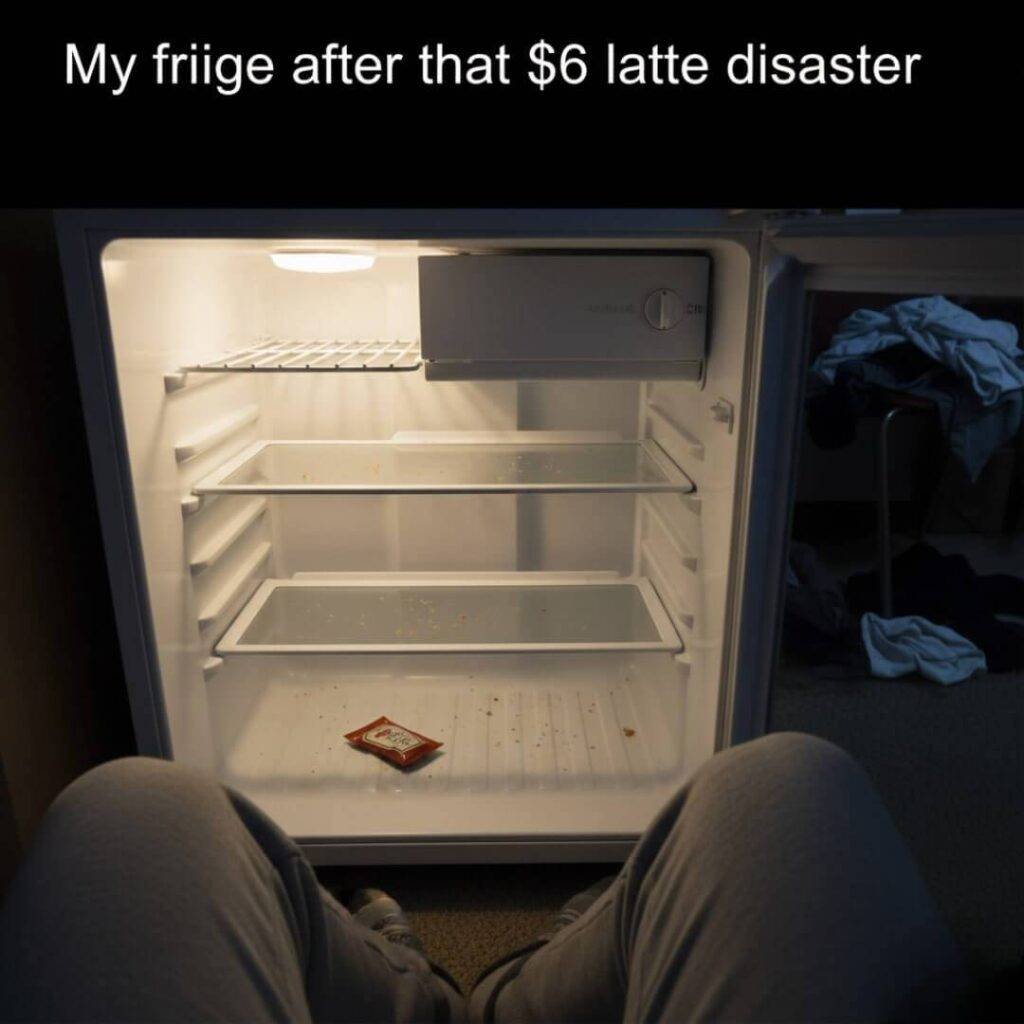 An empty, sad-looking fridge with only a lonely ketchup packet visible.