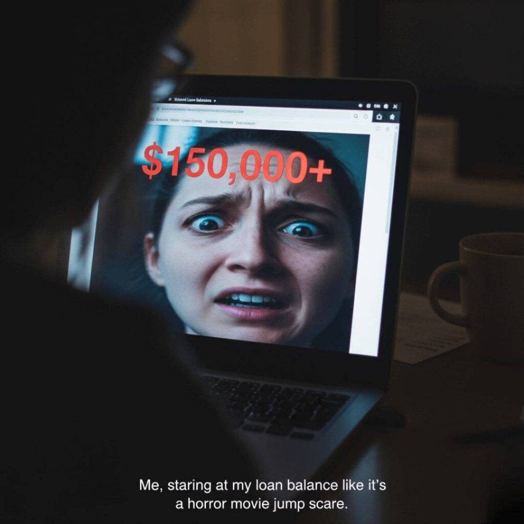 A stressed person's face reflected on a laptop screen displaying a large student loan balance.