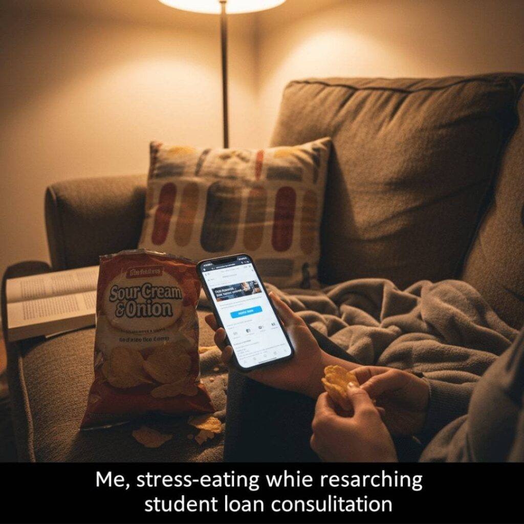 A person on a cozy couch, looking at a loan consolidation website on their phone, with a bag of chips and a book next to them.
