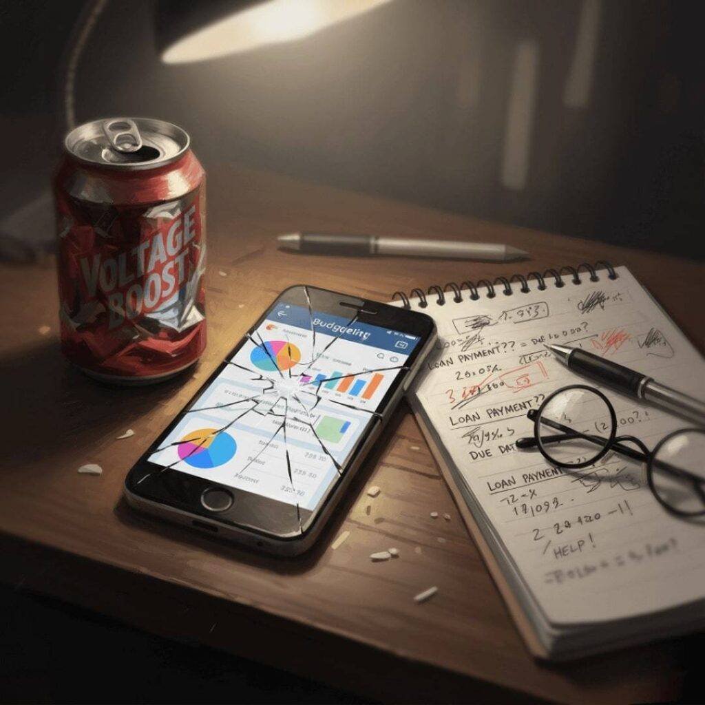 A cracked phone displaying a budgeting app, next to a crumpled energy drink can and a notebook with messy loan calculations.