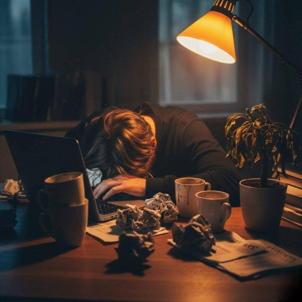 A person slumped over a laptop, surrounded by empty coffee mugs, crumpled papers, and a wilting plant, illuminated by a warm lamp.