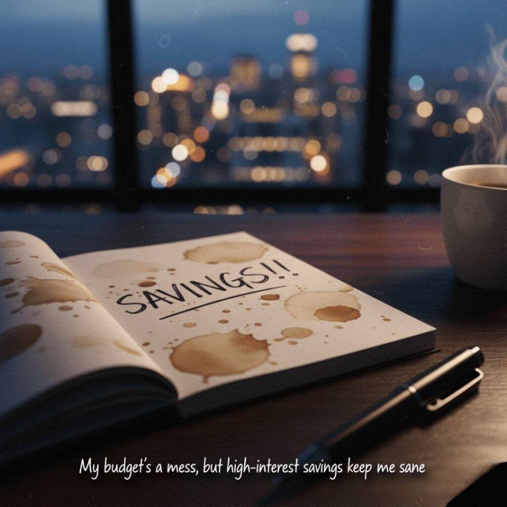 A coffee-stained notebook with "SAVINGS!!" scrawled in ink, with blurry city lights in the background.