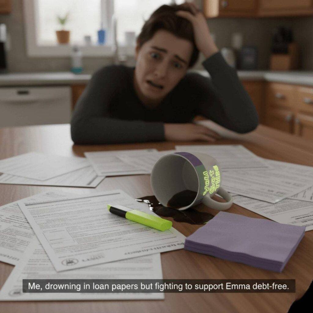 A person at a kitchen table, surrounded by loan papers and a spilled coffee mug, looking distressed.