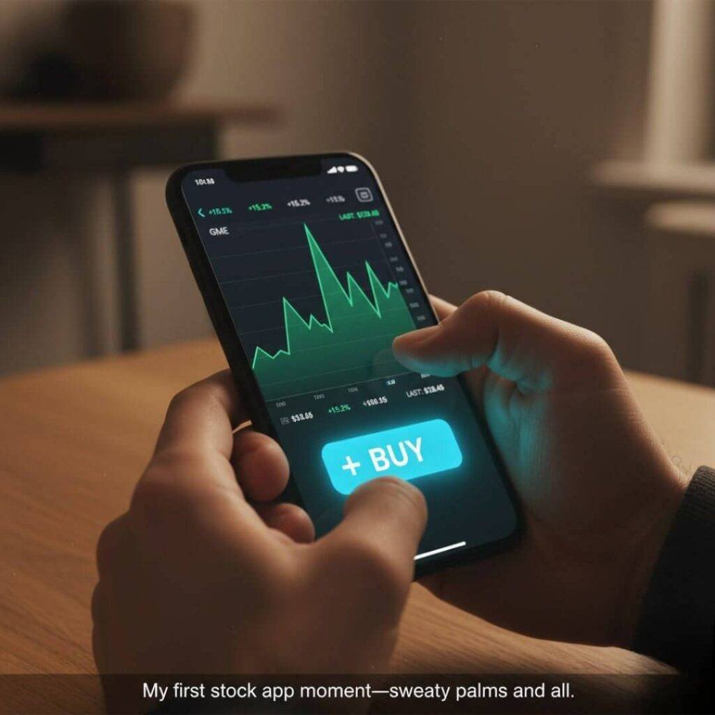 Shaky hands holding a smartphone displaying a stock trading app with a prominent "Buy" button and the caption "My first stock app moment—sweaty palms and all."