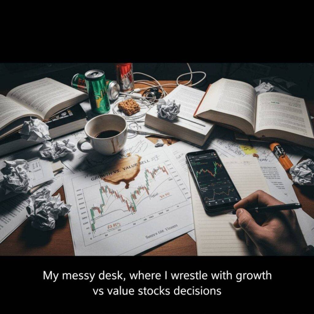A messy desk shot from a first-person perspective, featuring open books, crumpled papers, a spilled coffee mug, a phone displaying a trading app, and a hand holding a pen.
