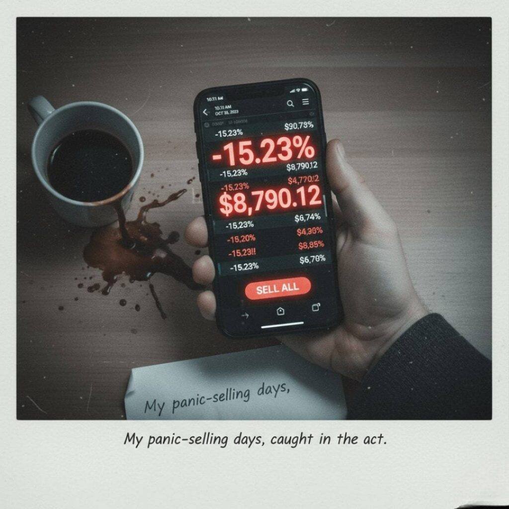 A hand holds a phone displaying a stock trading app with significant losses, coffee spilled on the table.