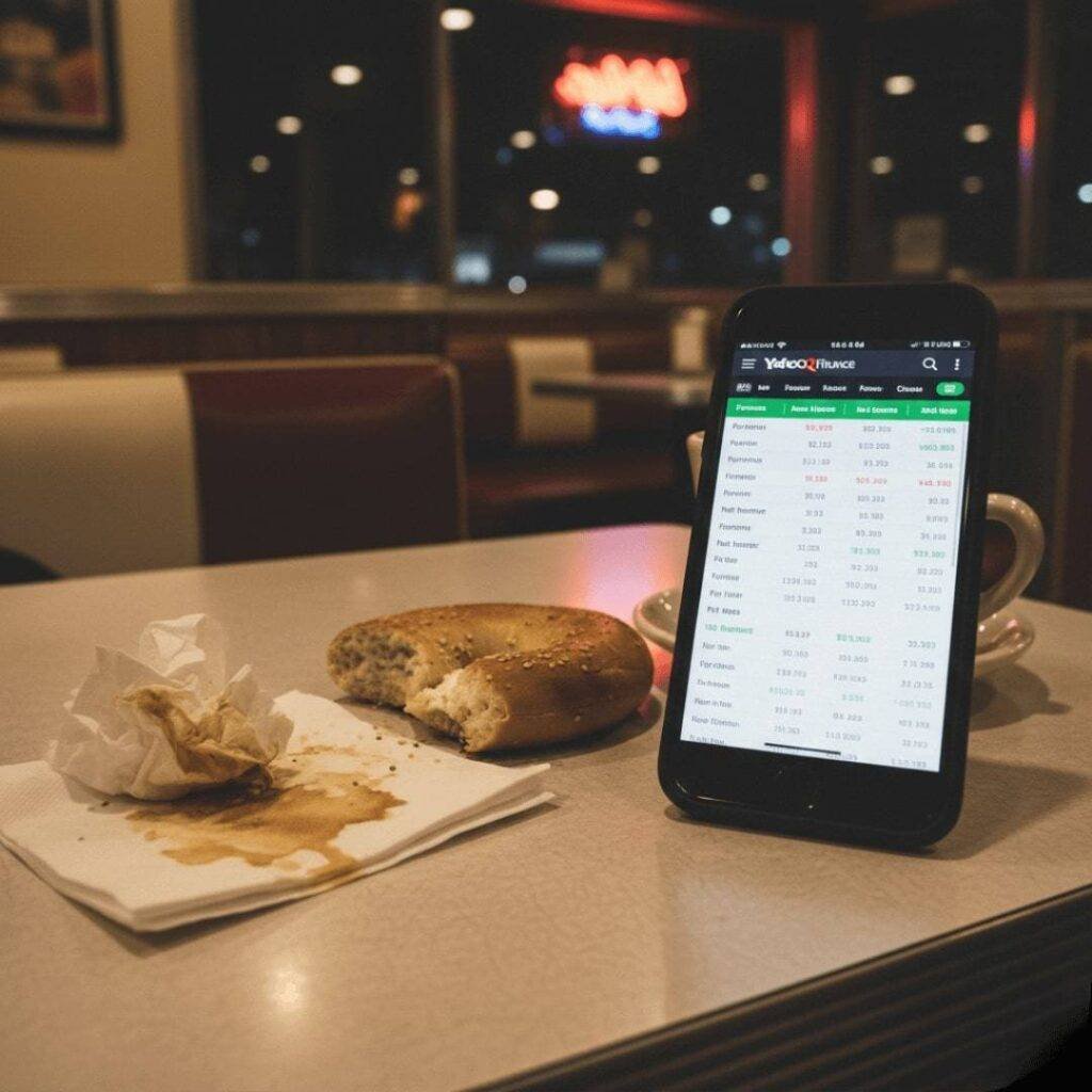 A phone showing Yahoo Finance on a diner table next to a bagel and coffee-stained napkin.