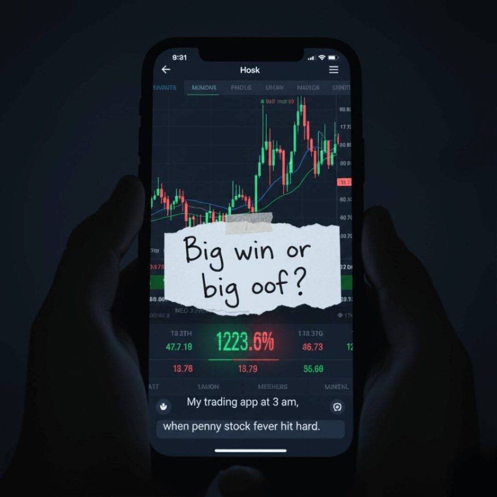 A close-up of a smartphone screen displaying a trading app with erratic stock lines, overlaid with a handwritten note saying "Big win or big oof?". Hands are holding the phone, suggesting a "peeking over the shoulder" perspective.