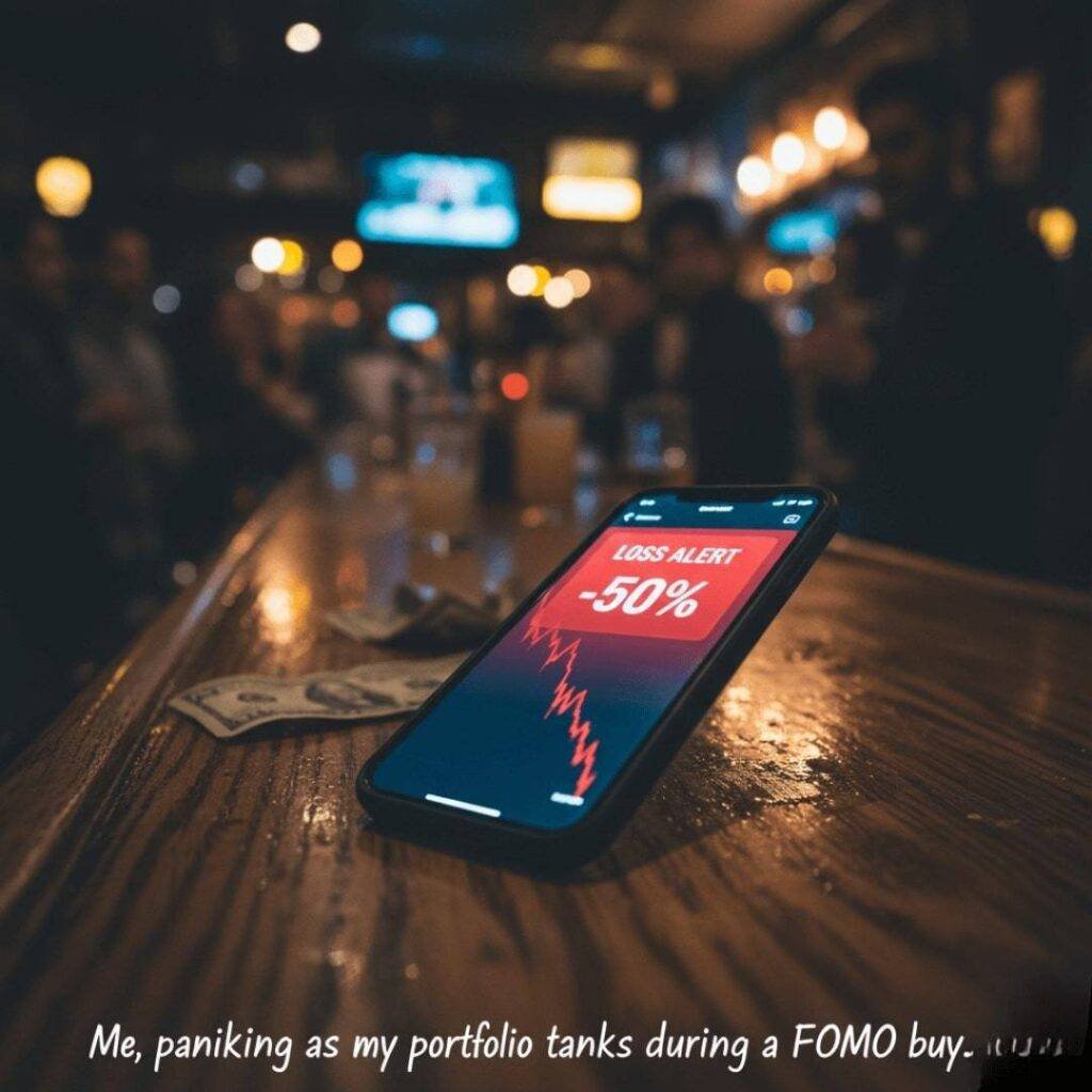 A smartphone on a bar counter shows a "LOSS ALERT -50%" message.