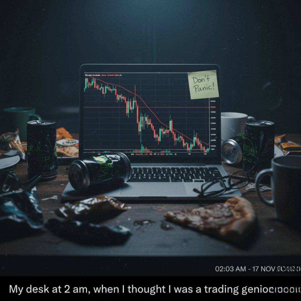 A messy trader's desk with empty energy drink cans, a laptop showing a plummeting stock chart, and a sticky note that says "Don't Panic!".