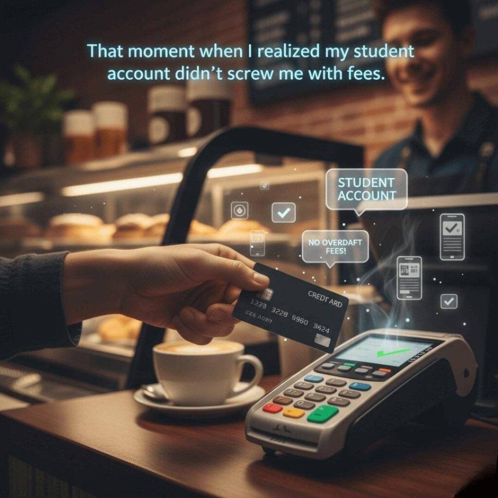 Student swiping debit card at coffee shop, with budget app notifications.