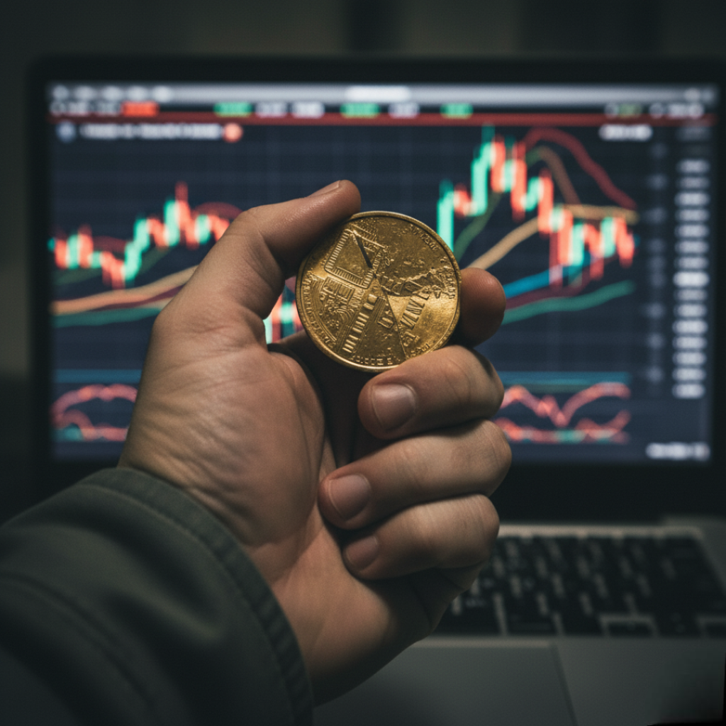 A shaky hand holds a gold coin in front of a laptop displaying a jittery stock market graph.