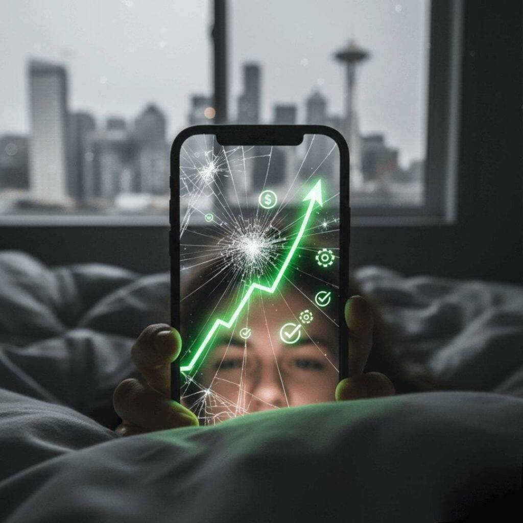 Cracked phone showing low-fee ETF gains—my bleary-eyed morning check.