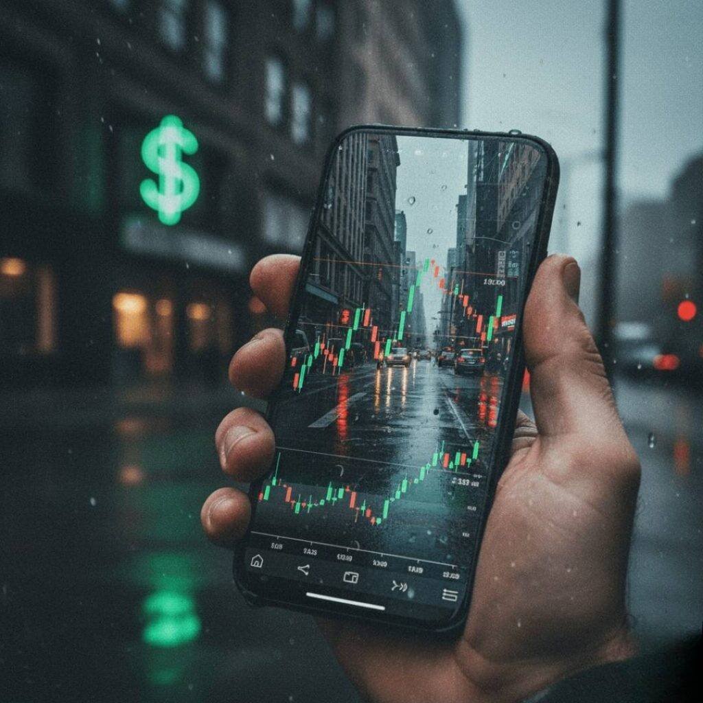 Hand holding phone with investing app, rainy city street reflected, neon dollar sign in background.