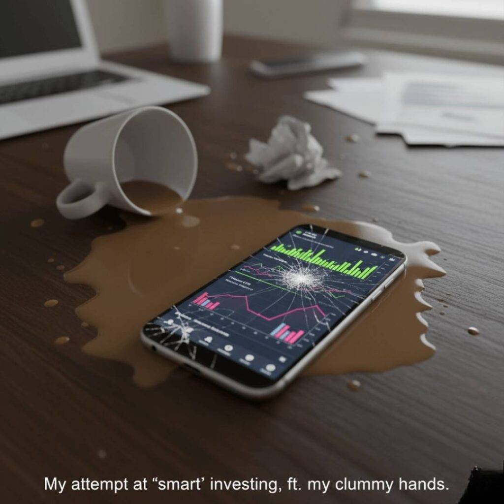 A smartphone with a cracked screen displays thematic ETF charts amidst a spilled coffee mess on a wooden desk.