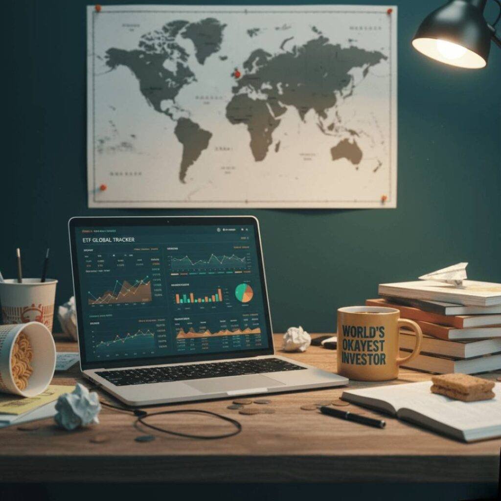 Messy investor's desk: Laptop with ETF dashboard, world map, coffee mug ("World's Okayest Investor"), and scattered items.