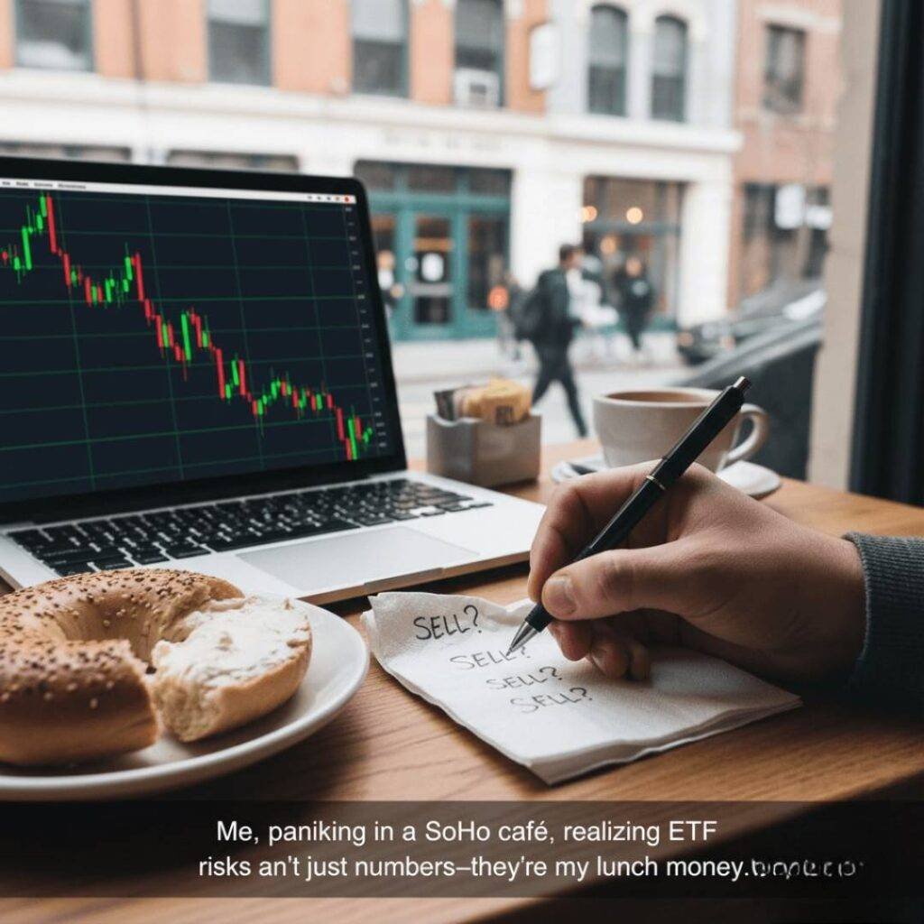 A laptop displaying a falling ETF graph, a half-eaten bagel, and a hand nervously writing "SELL?" on a napkin in a coffee shop.