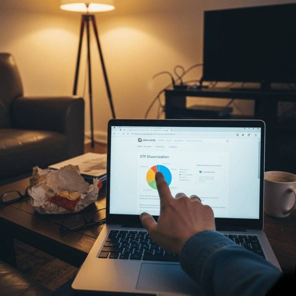 First-person view of a hand pointing at an ETF diversification chart on a laptop, with a fast-food wrapper nearby.