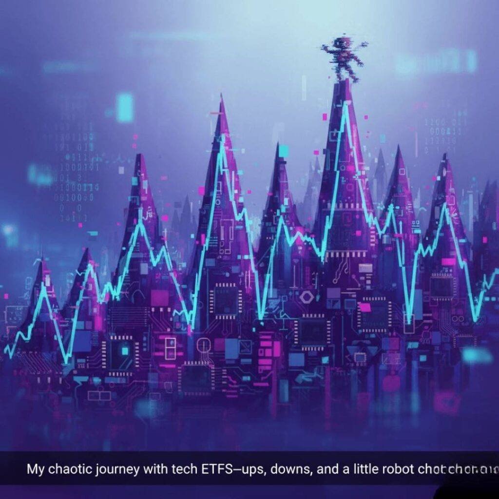 An impressionistic digital painting of a stock market chart resembling computer chips, with a dancing robot.