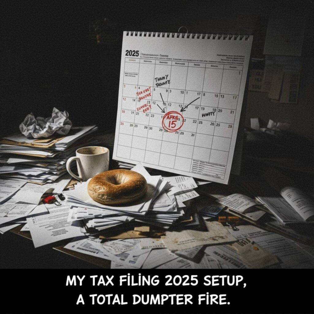 A messy desk with tax forms, a stale bagel, and a calendar with April 15 circled, with the caption: “My tax filing 2025 setup, a total dumpster fire.