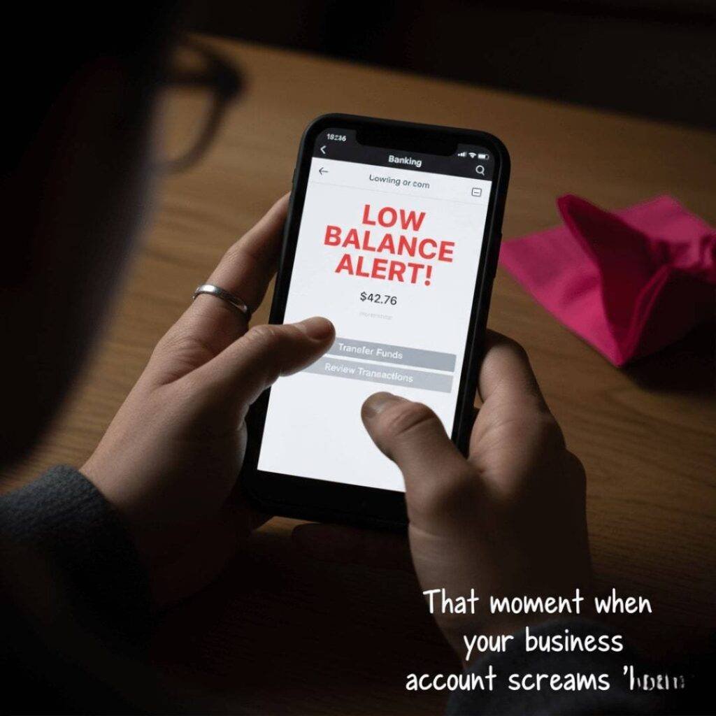Hands nervously tapping on a mobile banking app displaying a "LOW BALANCE ALERT!"