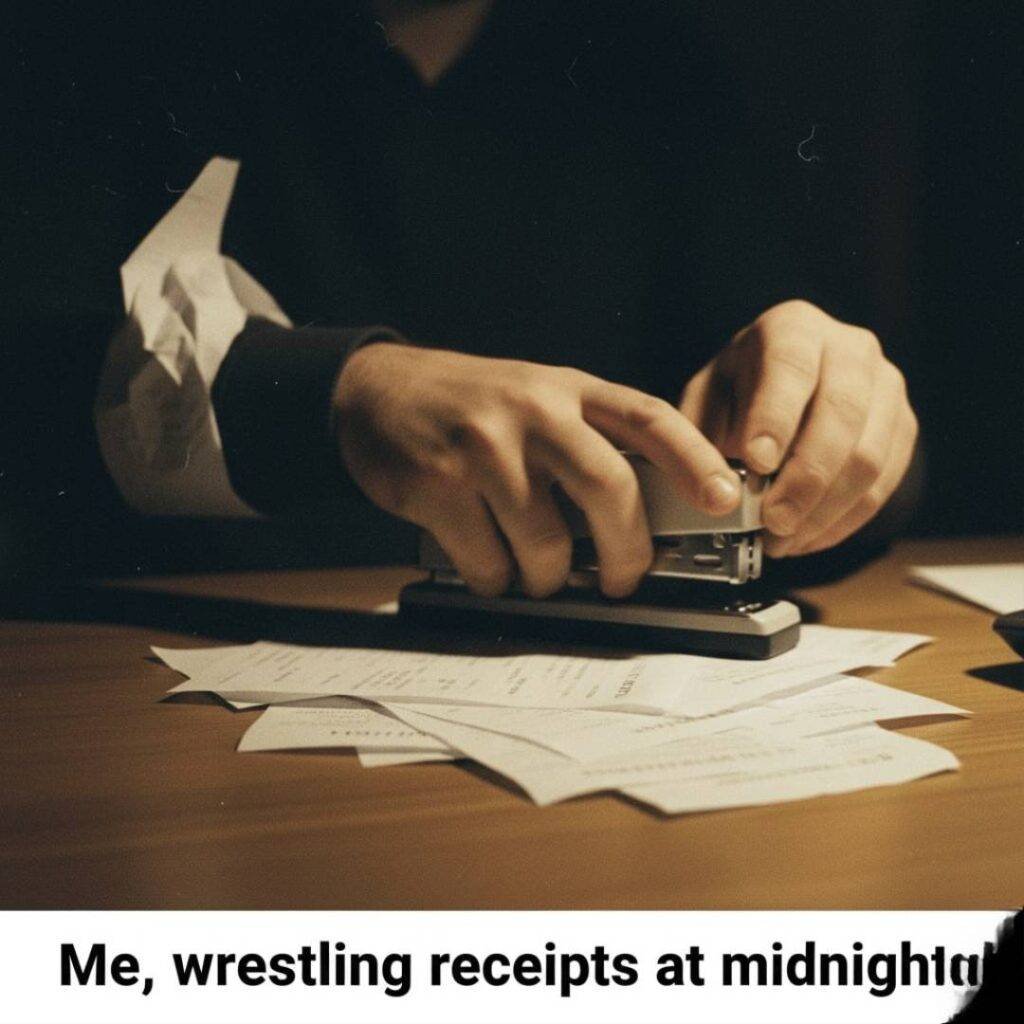 A person's blurry hands using a stapler on tax receipts.