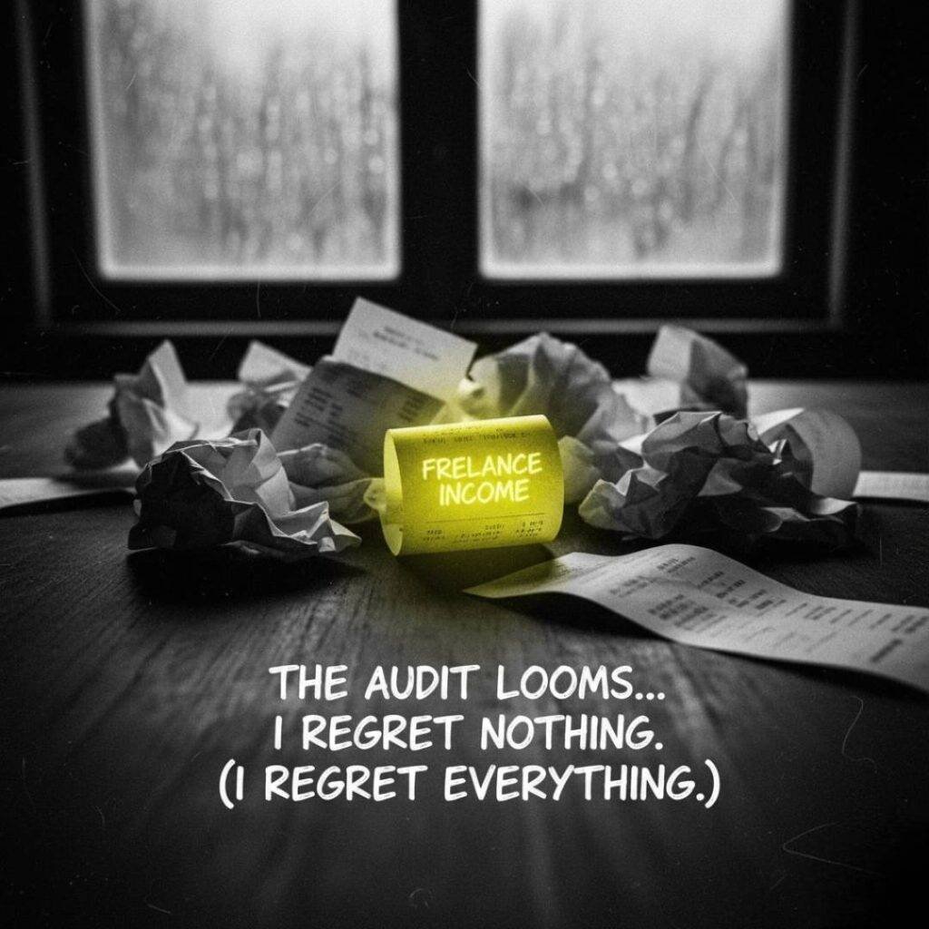 A noir-style image of crumpled receipts with one glowing neon yellow receipt, text "FREELANCE INCOME" on it, and the caption "THE AUDIT LOOMS... I REGRET NOTHING. (I REGRET EVERYTHING.)"